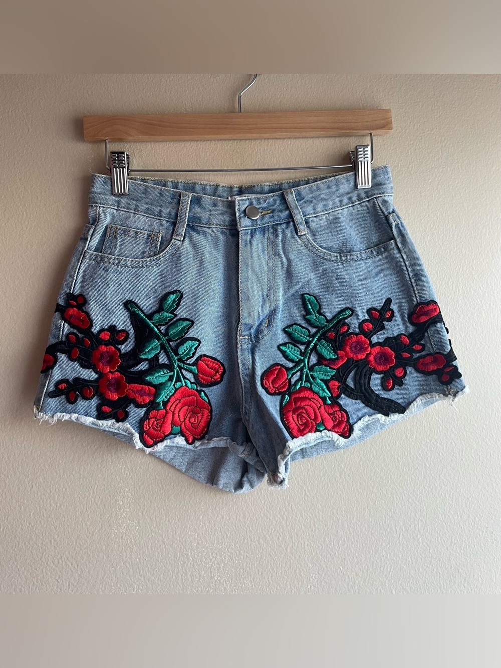 Asilio Light Blue Denim Shorts with Red & Green Floral Embroidery Small XS